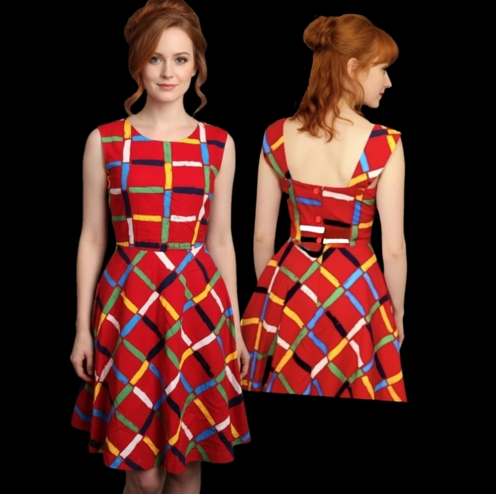 Vtg 80s HH Petites red multi color check print low back button swing dress 6/8P